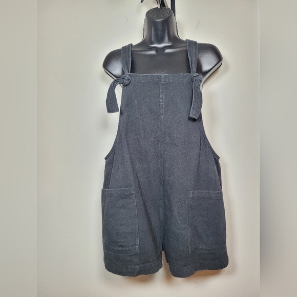 Miou Muse Black Linen Cotton Blend Denim Artsy Overalls Shortalls sz M - Picture 1 of 9